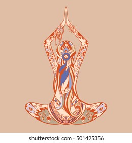 Silhouette of yoga woman with mehendi, zentagle ornament on the beige background. Vector illustration. Lotus pose.