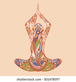 Silhouette of yoga woman with mehendi, zentagle ornament. Vector illustration. Lotus pose. 