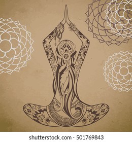 Silhouette of yoga woman with mehendi, zentagle ornament. Vector illustration. Lotus pose. Vintage paper design.