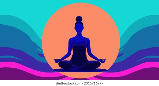 Silhouette of yoga woman on a brightly colored background, mindfullness concept, new year's resolution, Mindfulness Day.