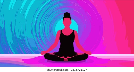 Silhouette of yoga woman on a brightly colored background, mindfullness concept, new year's resolution, Mindfulness Day.