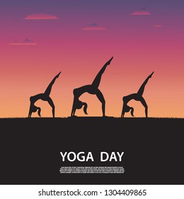 Silhouette of yoga woman on nature with beautiful sunset background. Sports for health. Health care concept. Illustration vector