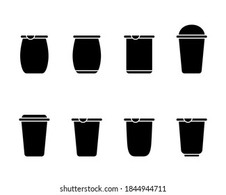 Silhouette yoghurt cup, flat icons set. Collection of different plastic portion packaging. Black simple pictogram of industrial container for dairy products. Outline isolated vector, white background