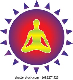 The silhouette of a yogi in an asana lotus in a colorful circle, symbolizing immunity and aura. Vector art graphic.