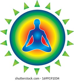 The silhouette of a yogi in an asana lotus in a green circle, symbolizing immunity. Metaphor - Yoga and meditation protect against the virus. Vector art graphic.