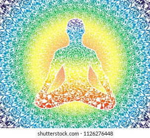 Silhouette of a yogi in a lotus position on a delicate elegant background. Rainbow thin pattern. Vector graphics.