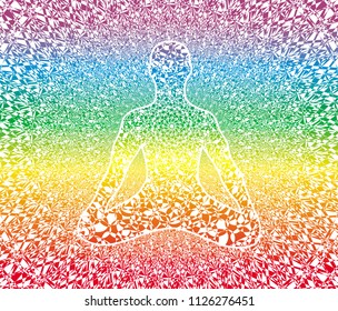 Silhouette of a yogi in a lotus position on a delicate elegant background. Rainbow thin pattern. Vector graphics.