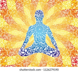 Silhouette of a yogi in a lotus position on a yellow orange delicate elegant background. Rainbow thin pattern. Vector graphics.