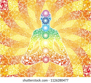 Silhouette of a yogi in a lotus position with a seven chakras on a yellow orange  delicate elegant background. Rainbow thin pattern. Vector graphics.