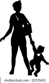 Silhouette of yong mother with child