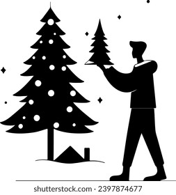 Silhouette of Young adult man choosing a Christmas tree at the farm outdoors