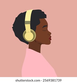 Silhouette of a young African woman with dark skin and short hair, side view, wearing headphones. on a pink background. Flat vector illustration.