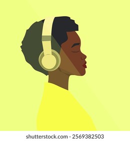 Silhouette of a young African woman with dark skin and short hair, side view, wearing headphones. on a bright yellow background and light shining on half of the face. vector illustration.