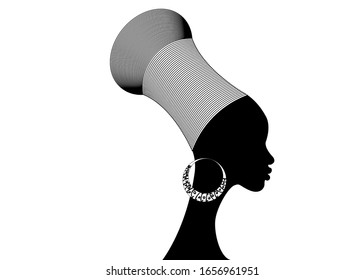 silhouette of young african zulu woman. South Africa traditional afro turban and intricate jewellery. Vector isolated on white background