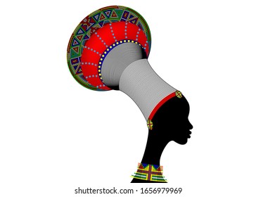 silhouette of young african zulu woman. South Africa traditional colorful afro bead turban and intricate jewellery. Ethnic beaded headdress. Vector isolated on white background