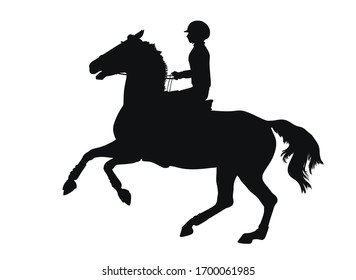 Silhouette of a young athlete cantering on a horse quickly