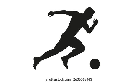 Silhueta de um jovem atlético correndo atrás de uma bola jogando futebol
