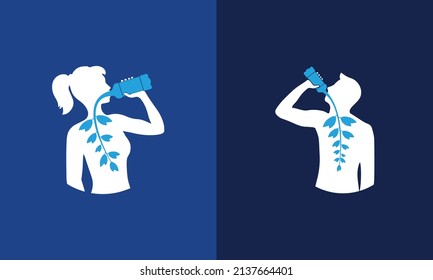 Silhouette of Young Attractive Men Women drinking fresh clean water from bottles flow through the body into natural plants save water world water day concept