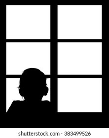 Silhouette of young baby looking out window. Easy editable layered vector illustration.