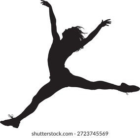 Silueta de una joven bailarina bailando en una pose dinámica con sus brazos y piernas extendidas mostrando flexibilidad.