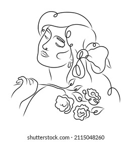 Silhouette of a young beautiful girl with a bow on her head and flowers in her hand. Vector illustration isolated on white background.