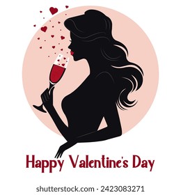 Silhouette de una joven hermosa muchacha con un vaso lleno de corazones. Tarjeta de saludo para el Día de San Valentín.