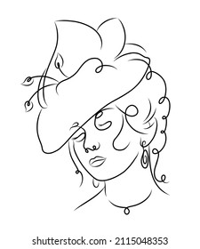 Silhouette of a young beautiful girl in a hat and with earrings. Vector illustration isolated on white background.