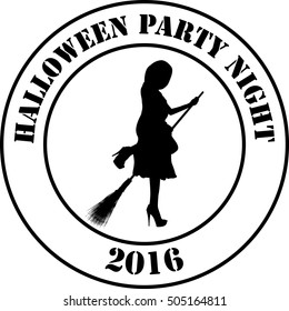 Silhouette of young beautiful girl on the broom. Fictional brand as emblem, sign or logo. Halloween party night