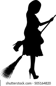 Silhouette of young beautiful girl on the broom