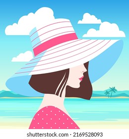 Silhouette of young beautiful woman in a  hat on the beach, vector illustration.