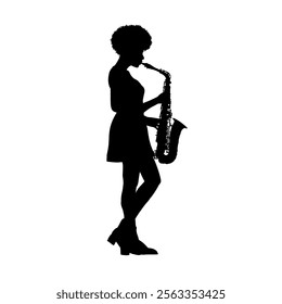 Silhouette of young beautiful woman playing saxophone, saxophonist, jezzwoman - vector illustration, isolated