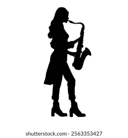 Silhouette of young beautiful woman playing saxophone, saxophonist, jezzwoman - vector illustration, isolated