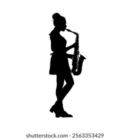 Silhouette of young beautiful woman playing saxophone, saxophonist, jezzwoman - vector illustration, isolated