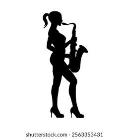 Silhouette of young beautiful woman playing saxophone, saxophonist, jezzwoman - vector illustration, isolated