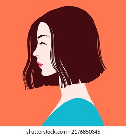 Silhouette of young beautiful woman in profile with short hair, vector illustration.