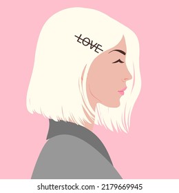 Silhouette of young beautiful woman in profile with short hair, vector illustration.