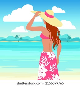 Silhouette of young beautiful woman in a swimshuit, hat and pareo on the beach, vector illustration.