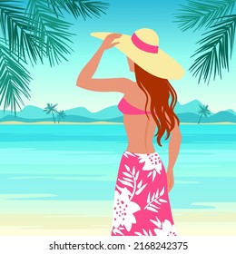 Silhouette de una joven hermosa mujer en un baño, sombrero y pareo en la playa, ilustración vectorial.