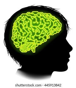 Silhouette of a young boy child with a brain made up of electrical circuits or a circuit board