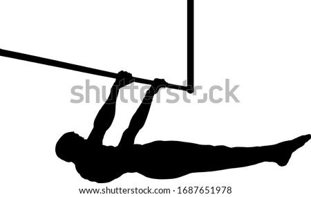 Silhouette of a young boy doing a front lever pull-up exercise on a horizontal bar. Vector illustration. 