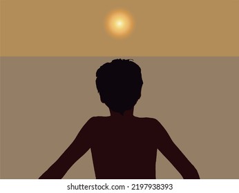 Silhouette of Young Boy Looking into the Distance with Hand Shielding Eyes, Backlit By Late Day Sun with Copy Space 