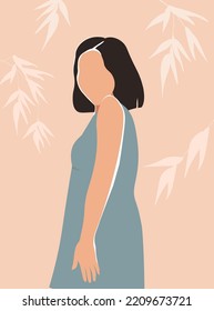 Silhouette of a young brunette girl against the background of branches with leaves. A beautiful woman is standing in a dress. Vector graphics.