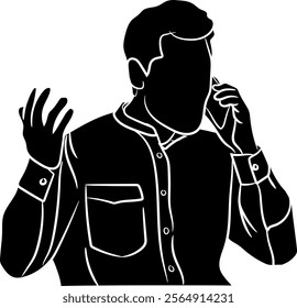 Silhouette of a young businessman talking on the phone and waving his hand