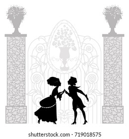 Silhouette of young couple in front of the gates, retro style illustration