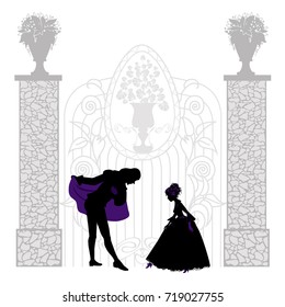 Silhouette of young couple in front of the gates, retro style illustration