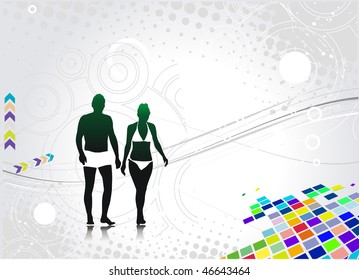 silhouette of young couple having fun summer holiday, vector illustration