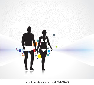 silhouette of young couple having fun summer holiday, vector illustration, No mesh in this Vector