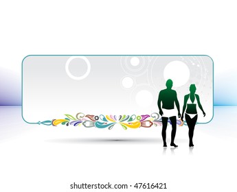 silhouette of young couple having fun summer holiday banner, vector illustration, No mesh in this Vector