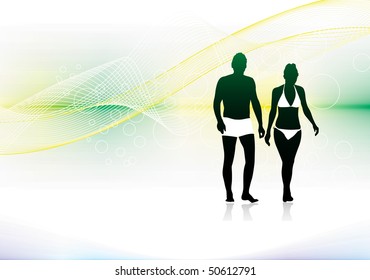 silhouette of young couple having fun summer holiday, vector illustration, No mesh in this Vector