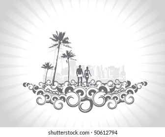 silhouette of young couple having fun summer holiday urban background, vector illustration, No mesh in this Vector